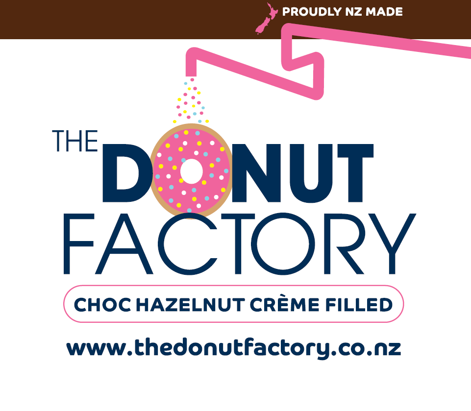A crop of The Donut Factory label for their Choc Hazelnut filled donuts. Awhite background, with the logo featuring in the middle
