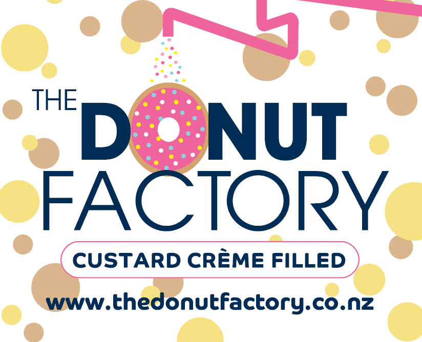 A crop of The Donut Factory label for their custard creme filled donuts. A white background, with coloured dots with the logo featuring in the middle