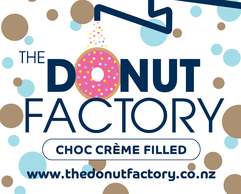 A crop of The Donut Factory label for their choc creme filled donuts. A white background, with coloured dots with the logo featuring in the middle