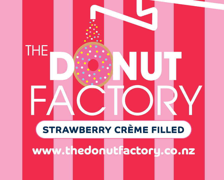 A crop of The Donut Factory label for their strawberry creme filled donuts. A pink and white striped background, with the logo featuring in the middle