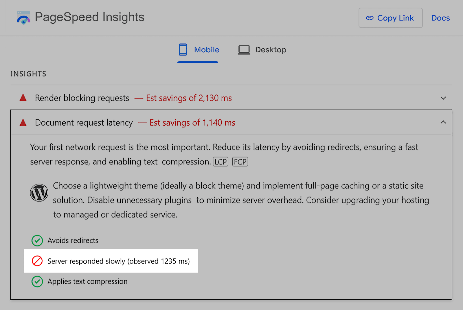 PageSpeed Insights – Server responded slowly