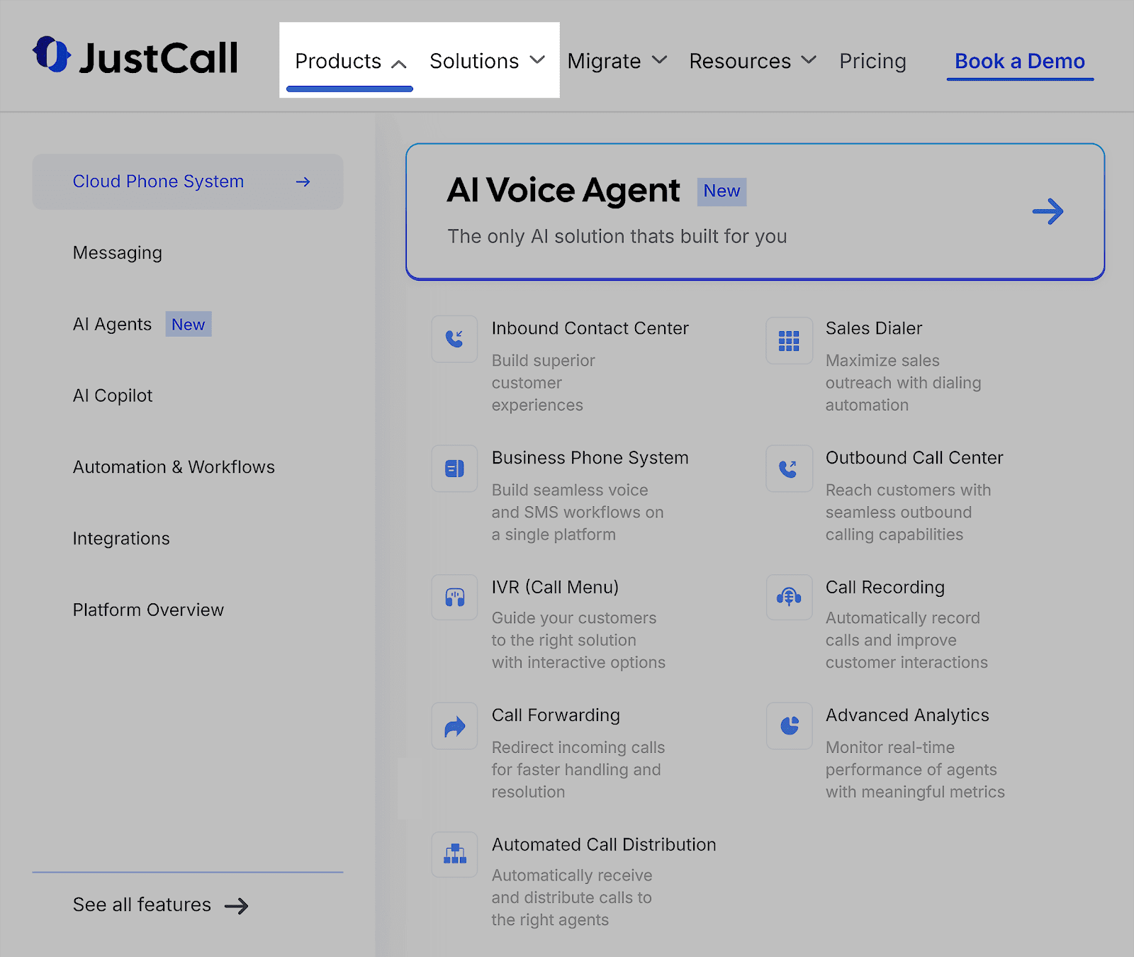 JustCall – Products & Solutions menu