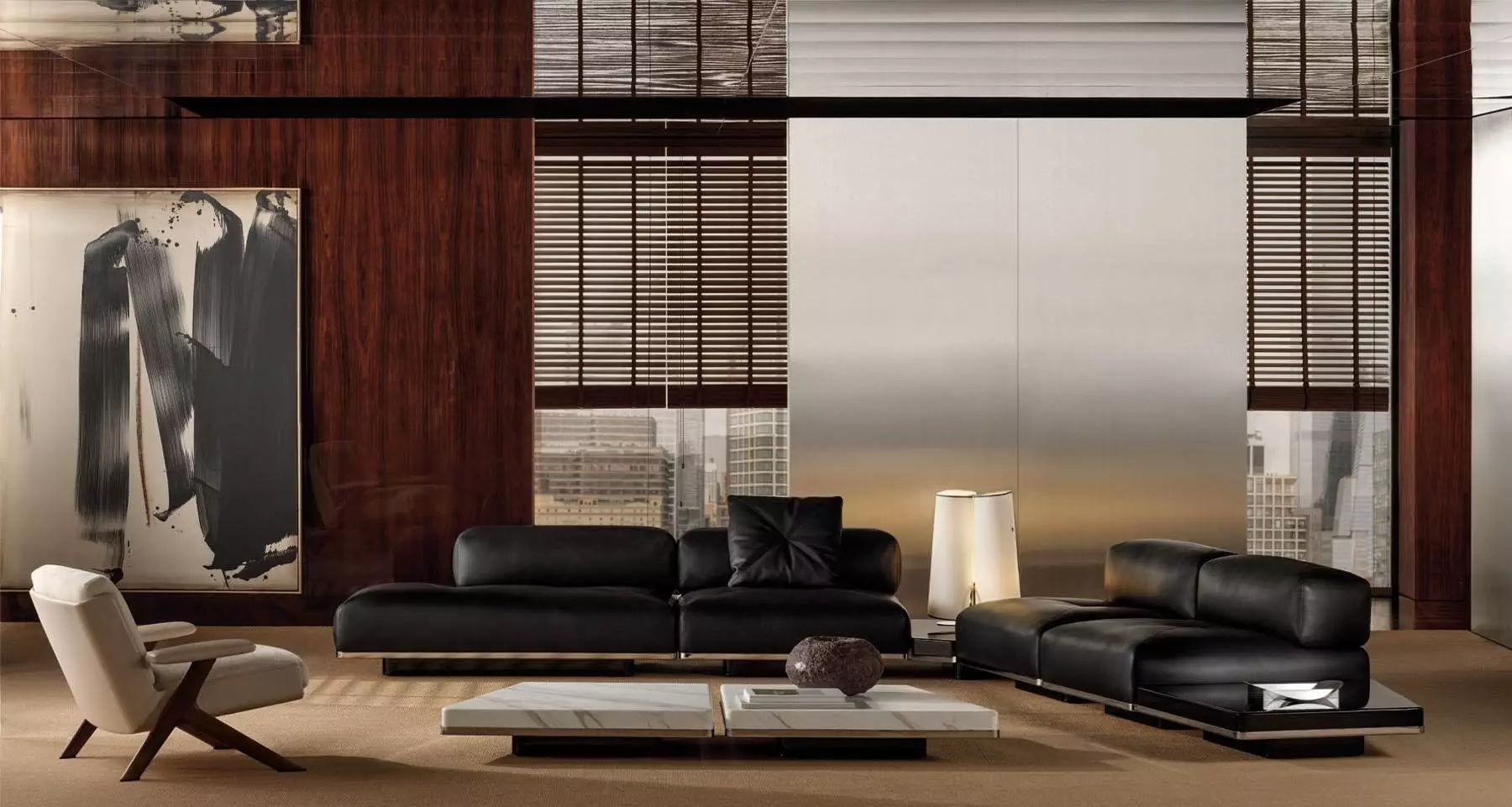 Minotti Sofas Struktur Chrom poliert, Bezug Leder Aspen, Farbe carbone Beistelltische Gestell chrom poliert, Tischplatte lackiert, Farbe moka