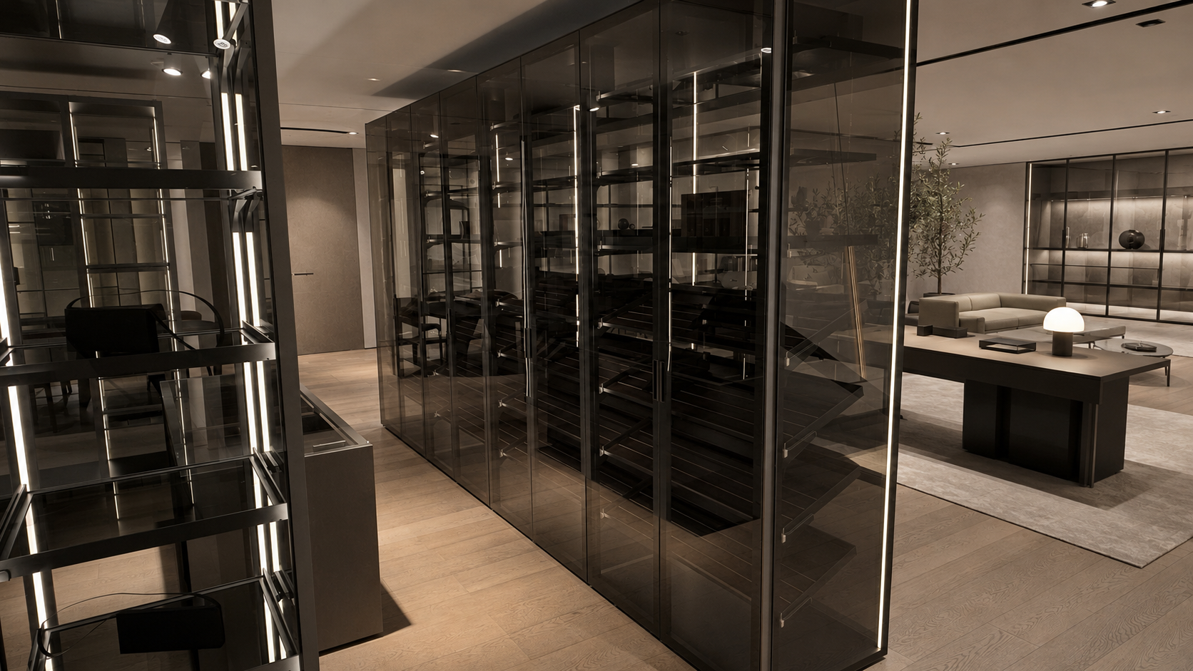 Rimadesio Ankleiden und Kleiderschränke Struktur und Griffe Aluminium, Farbe Piombo, Basis Boden & Deckelboden aus Melamin rovere dark, Struktur Verkleidung & Türen aus Glas, Farbe Grigio Transparente, Schuhböden Kunstleder, Farbe similpelle Rubens, Fachböden aus Glas, Farbe Grigio Transparente, inkl. innen Beleuchtung & einer Fernbedienung