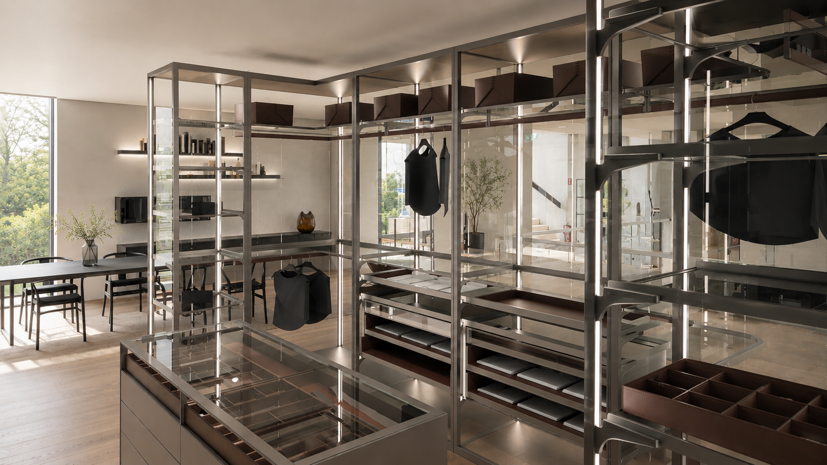Rimadesio Ankleiden und Kleiderschränke Struktur und Griffe Aluminium, Farbe Piombo, Basis Boden & Deckelboden aus Melamin rovere dark, Struktur Verkleidung aus Glas, Farbe Grigio Transparente, Auszüge & Fächer aus Kunstleder, offne Fächer aus Holz rovere termotrattato, Farbe similpelle Rubens, Fachböden aus Glas, Farbe Grigio Transparente, 4 Leder-Kleiderstangen, inkl. innen Beleuchtung & einer Fernbedienung