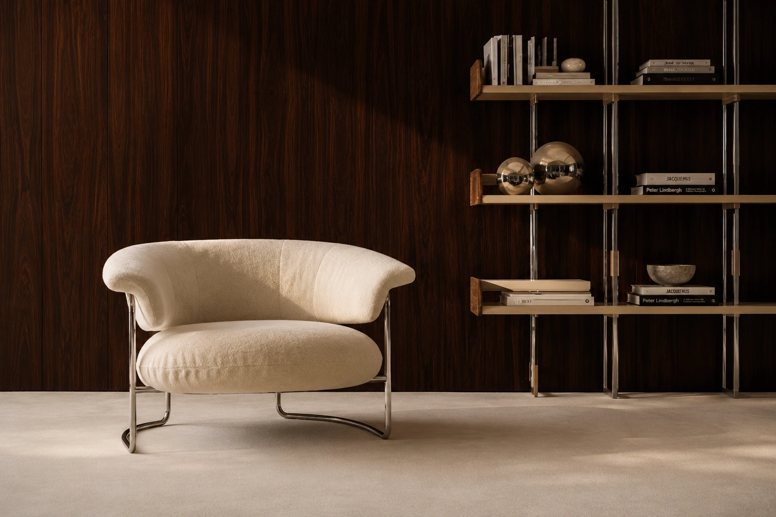 Minotti Sessel und Liegen Struktur Chrom poliert, Bezug Stoff Jackson, Farbe gesso