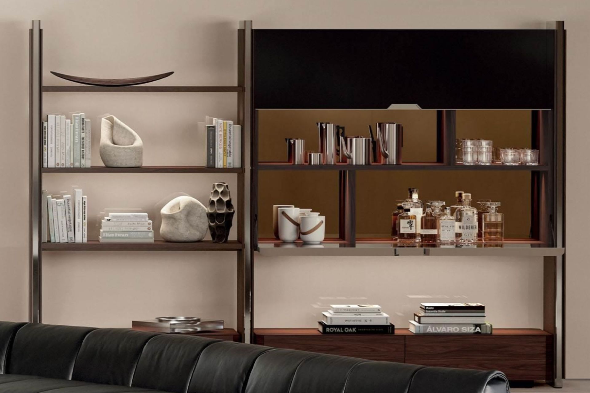 Minotti Regale und Boiserien Vertikale Seiten aus Aluminium gebürstet, Struktur und Regalböden Palisander dunkel braun, Fronten glänzend lackiert, Farbe moka