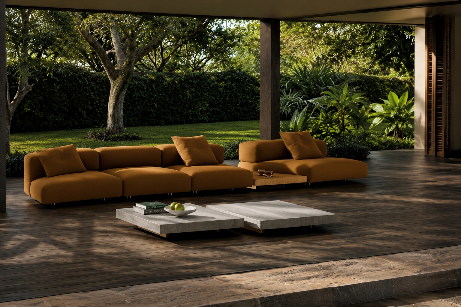 Minotti Beistelltische Struktur Metall lackiert, Farbe bronze, Tischplatte Travertin grigio