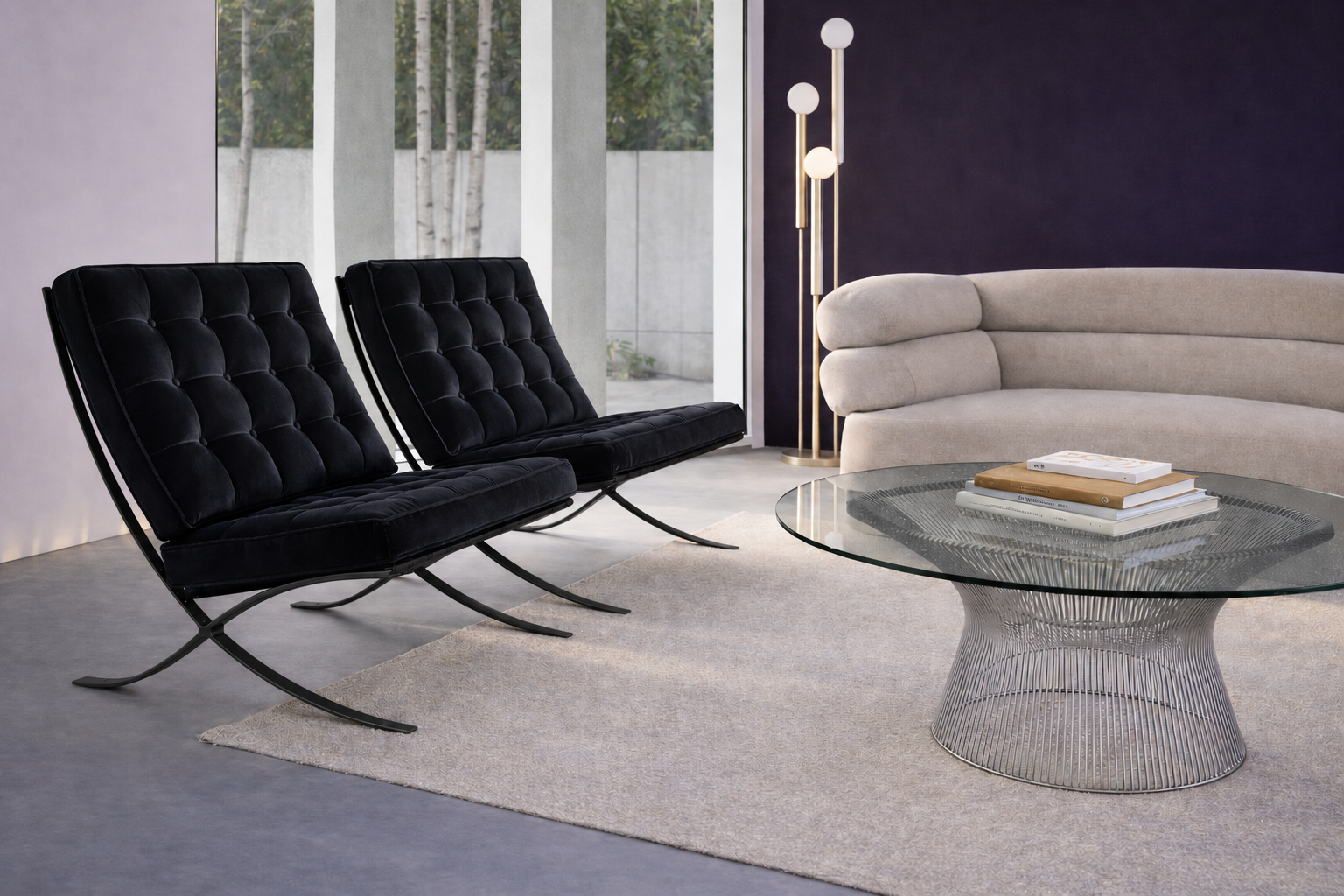 Knoll International Barcelona Relax Sessel und Liegen Struktur onyx-ultra matt, Bezug Samt Iseo schwarz, Lederriemen schwarz