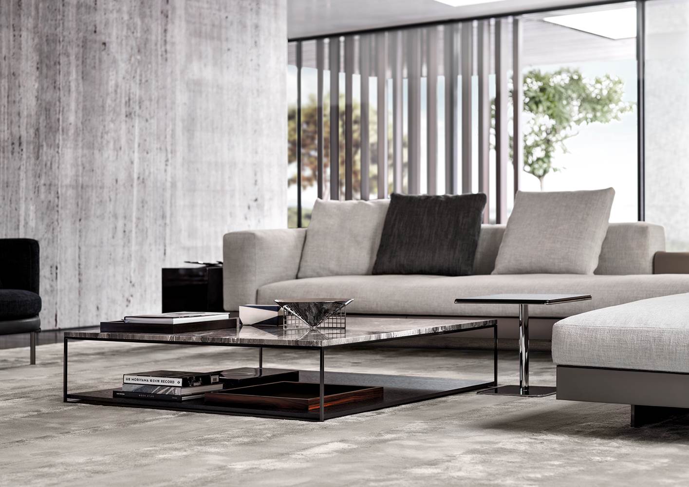 Minotti Liam Beistelltische Stuktur Metall glänzend lackiert, Farbe Zinn, Tischplatte Marmor Grigio Orobico