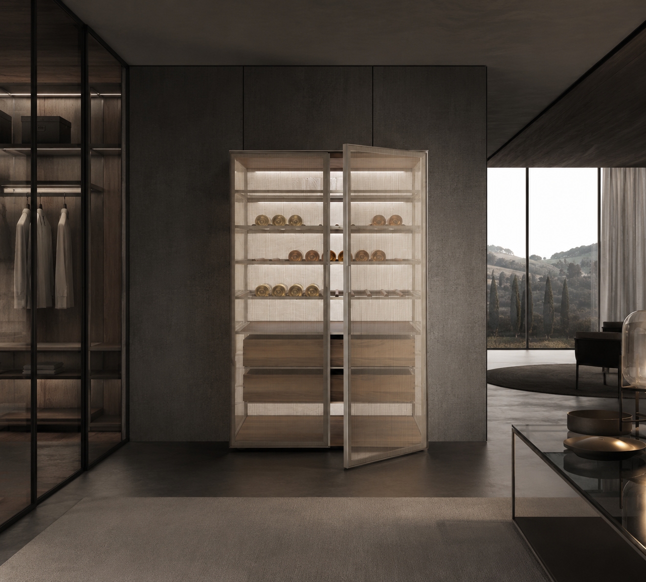 Rimadesio Alambra Schränke Struktur 304 platino, Türpaneel 63 grigio transparente, Rückwand Glas 68 specchio grigio, Top Glas 137 platino opaco
