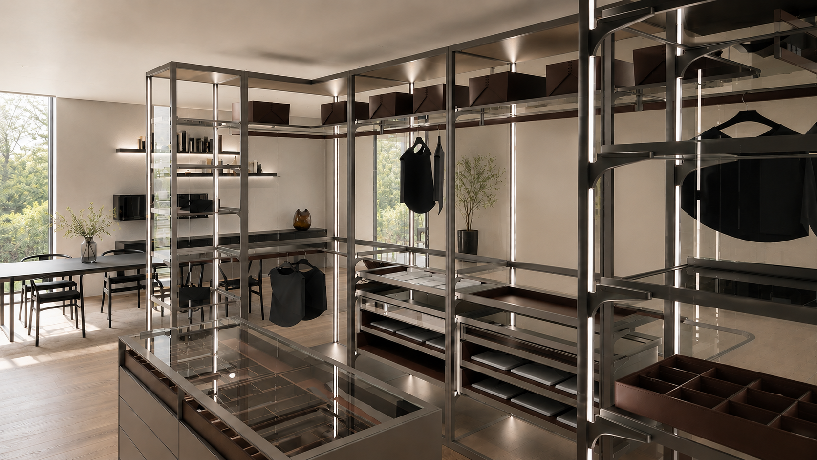 Rimadesio Ankleiden und Kleiderschränke Struktur und Griffe Aluminium, Farbe Piombo, Basis Boden & Deckelboden aus Melamin rovere dark, Struktur Verkleidung aus Glas, Farbe Grigio Transparente, Auszüge & Fächer aus Kunstleder, offne Fächer aus Holz rovere termotrattato, Farbe similpelle Rubens, Fachböden aus Glas, Farbe Grigio Transparente, 4 Leder-Kleiderstangen, inkl. innen Beleuchtung & einer Fernbedienung