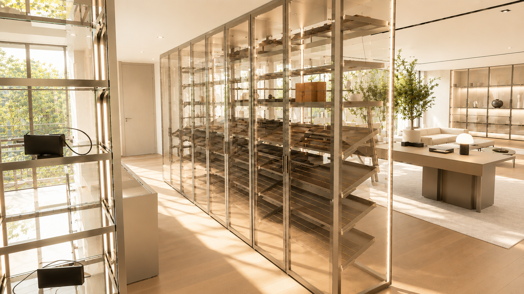 Rimadesio Ankleiden und Kleiderschränke Struktur und Griffe Aluminium, Farbe Piombo, Basis Boden & Deckelboden aus Melamin rovere dark, Struktur Verkleidung & Türen aus Glas, Farbe Grigio Transparente, Schuhböden Kunstleder, Farbe similpelle Rubens, Fachböden aus Glas, Farbe Grigio Transparente, inkl. innen Beleuchtung & einer Fernbedienung