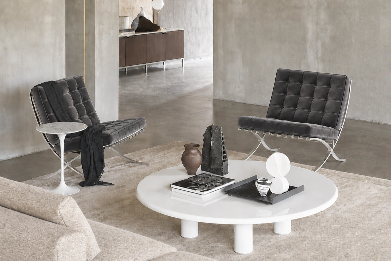 Knoll International Barcelona Relax Sessel und Liegen Struktur verchromt, Bezug Samt Iseo dunkelgrau, Lederriemen smoke