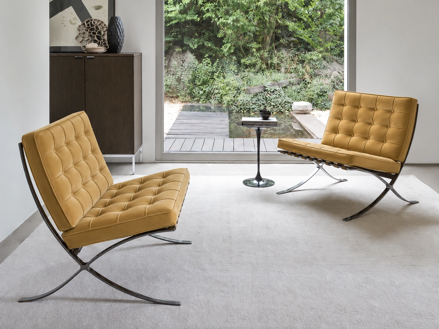 Knoll International Barcelona Relax Sessel und Liegen Struktur verchromt, Bezug Stoff Eva dune, Lederriemen tan