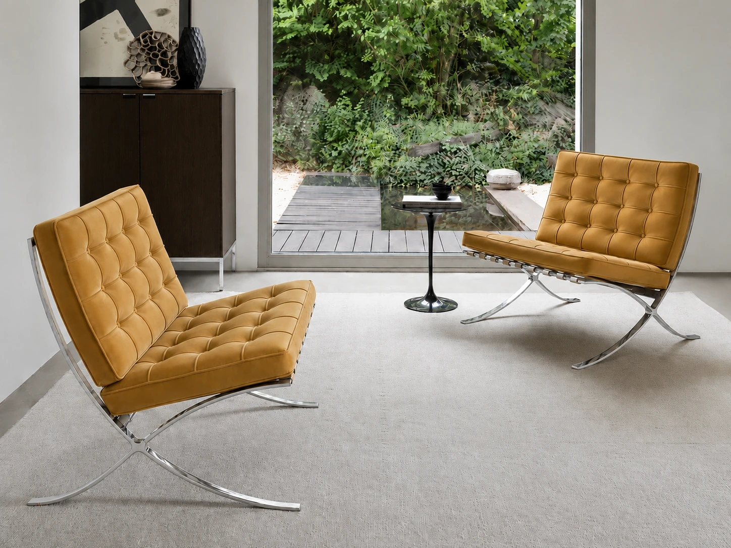 Knoll International Barcelona Relax Sessel und Liegen Struktur verchromt, Bezug Stoff Eva dune, Lederriemen tan
