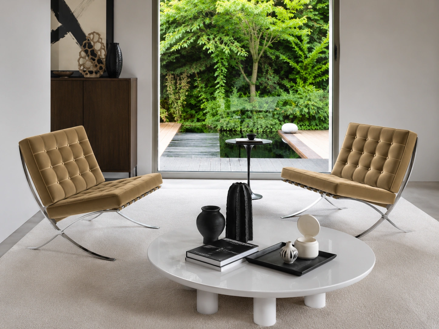 Knoll International Barcelona Relax Sessel und Liegen Struktur verchromt, Bezug Stoff Eva clay, Lederriemen taupe