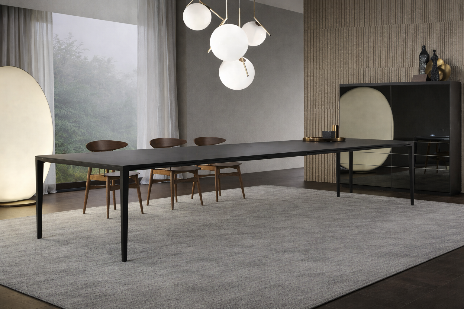 Rimadesio Long Island Adjustable Tische und Schreibtische Struktur 301 peltro, Top Glas 134 peltro opaco, ausziehbar, mit innenliegenden Einlegeplatten