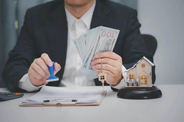 main tenant des billets d'argent, une clé et un tampon au dessus d'un document