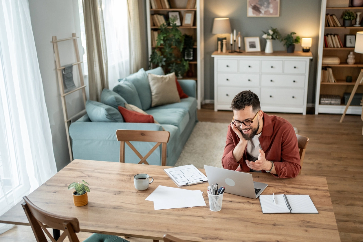 Homme à lunettes qui consulte un ordinateur portable entouré de plan de maison et de documents divers.