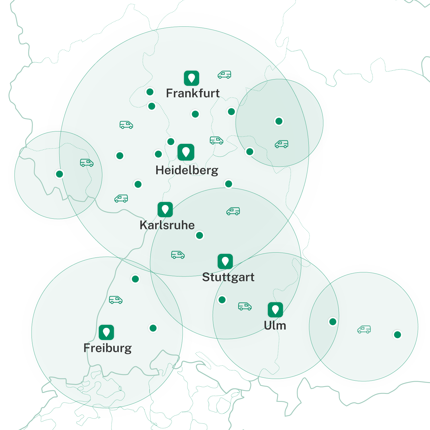 Eine Deutschlandkarte, die auf die Bundesländer Baden-Württemberg, Rheinland-Pfalz, Hessen und Bayern eingezoomt ist. Darauf sind viele Pins verteilt, die beispielhaft zeigen, in welchen Städten die freshtaste Kunden sitzen. Heidelberg als Standort von freshtaste ist ebenfalls markiert. 