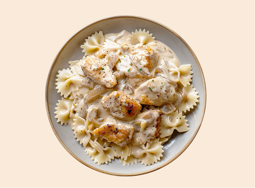 Zwiebel-Sahne-Hühnchen
mit Nudeln