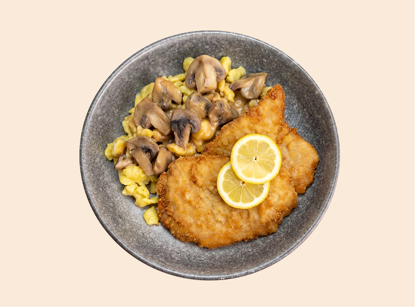 Schnitzel mit Spätzle
und Pilzrahmsauce