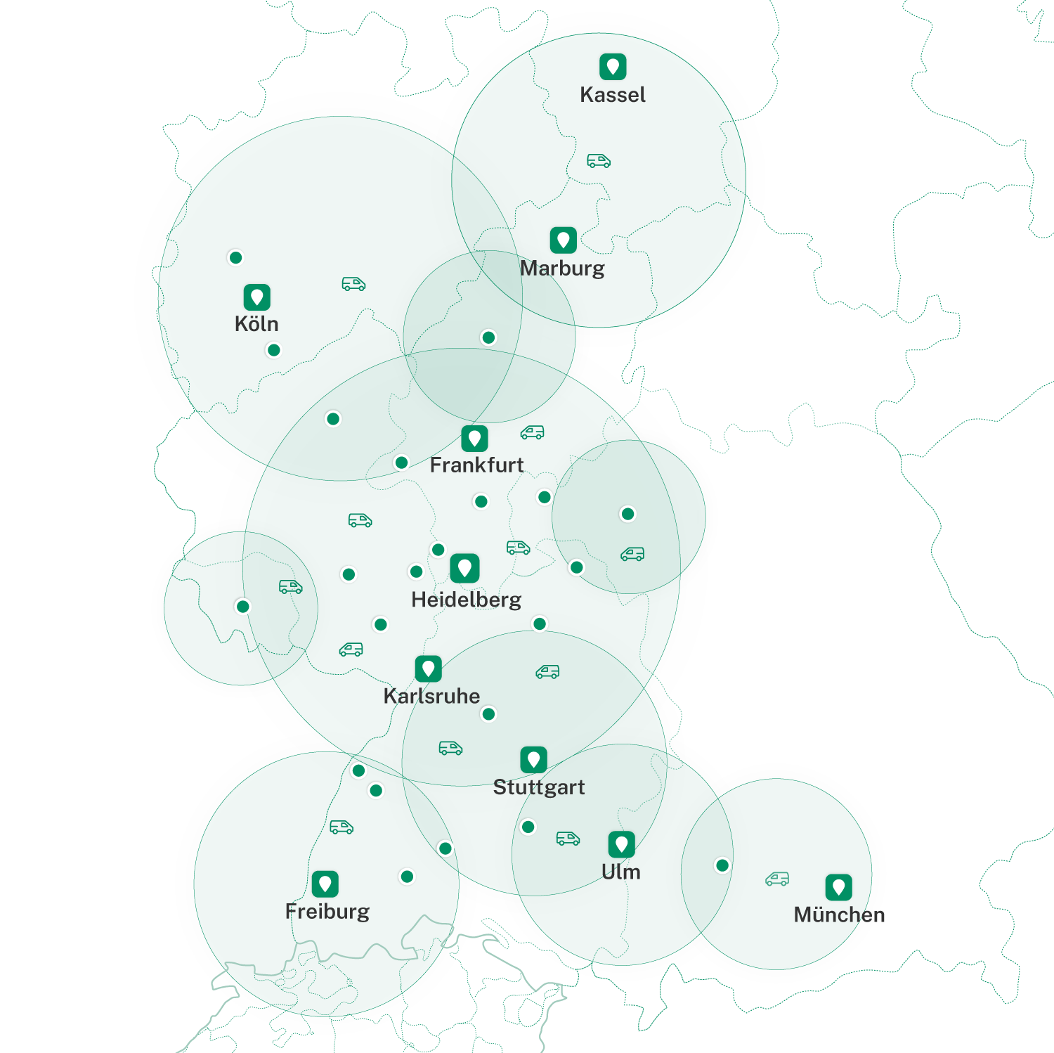 Eine Deutschlandkarte, die auf die Bundesländer Baden-Württemberg, Rheinland-Pfalz, Hessen und Bayern eingezoomt ist. Darauf sind viele Pins verteilt, die beispielhaft zeigen, in welchen Städten die freshtaste Kunden sitzen. Heidelberg als Standort von freshtaste ist ebenfalls markiert. 
