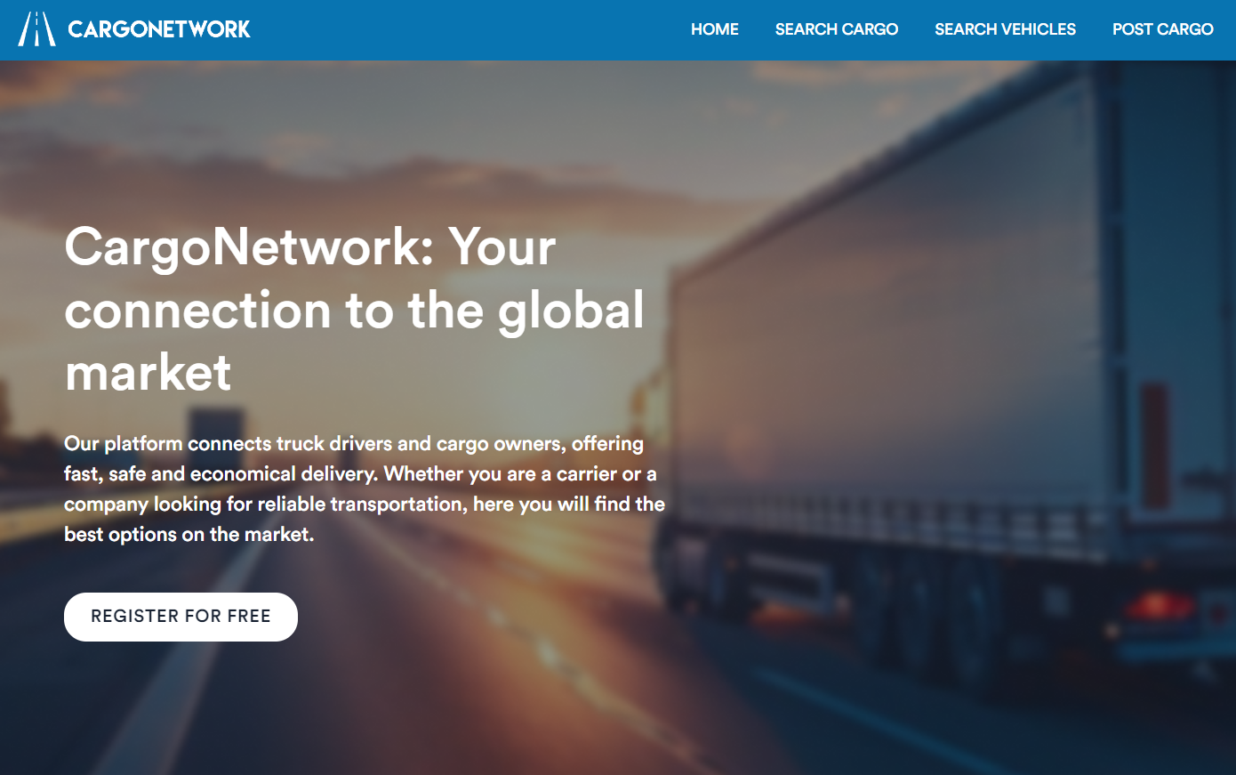 Cargo Network is a fullstack platform built using Webflow for frontend design, JavaScript for interactive elements, and Xano for backend services, featuring dynamic search forms, API integrations, and secure data management for freight and vehicle listings.