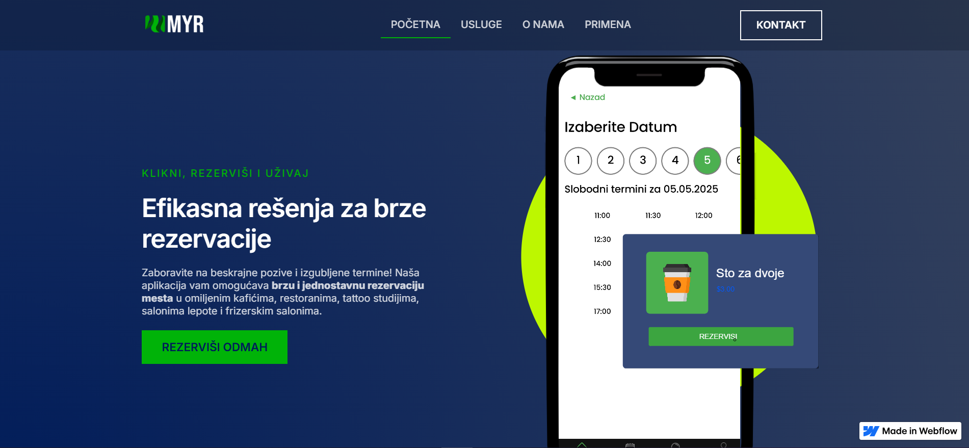 This landing page for MYR, a reservation app, was built using Webflow by customizing a pre-built theme and enhancing it with custom Lottie animations to deliver a modern, interactive, and visually appealing user experience. The design focuses on clarity, responsiveness, and conversion—guiding users to explore the app's features and encouraging downloads.