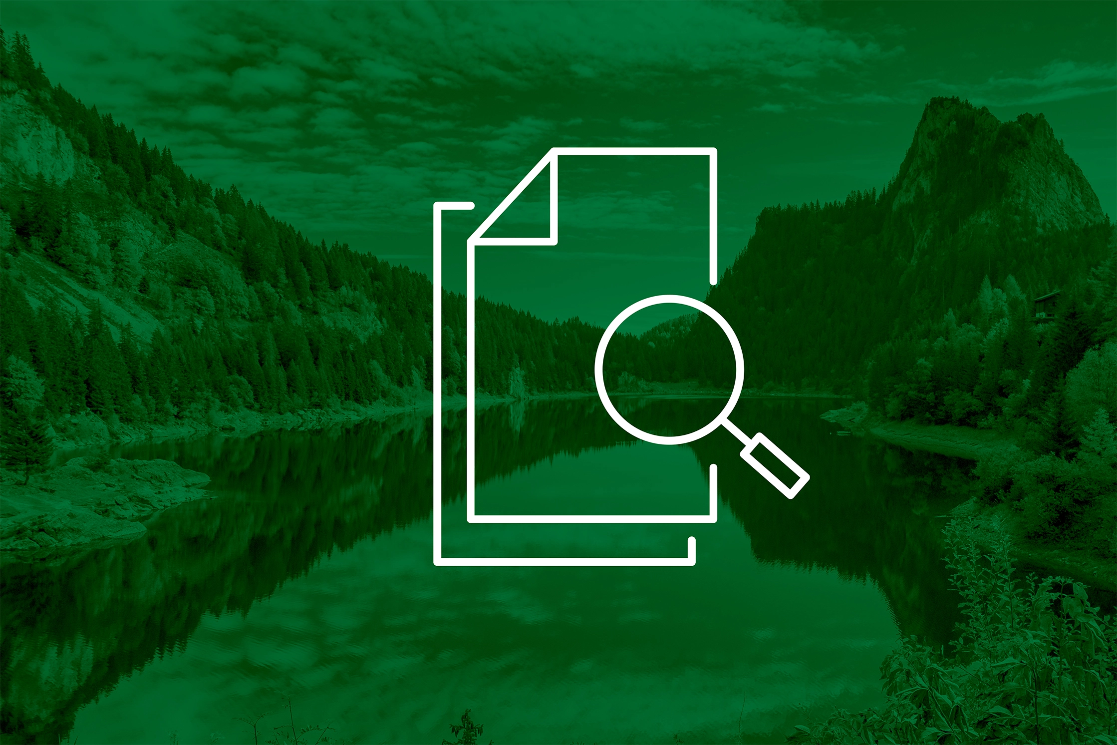 A dark blue image with pieces of paper flying all over the place. Overlayed on this image is a white icon of a document with a leaf in it, symbolising ESG reports.