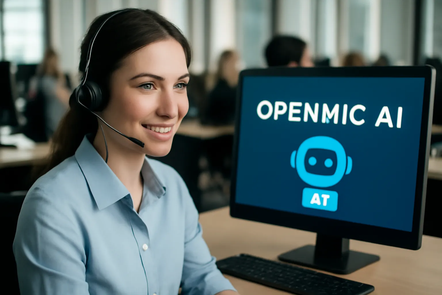 AI-powered customer service agent working with OpenMic AI interface, offering 24/7 support and scalable solutions for businesses