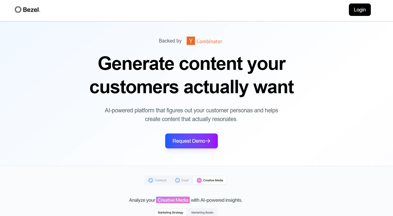 Bezel AI platform homepage showcasing customer-centric content generation with Y Combinator backing and demo request button
