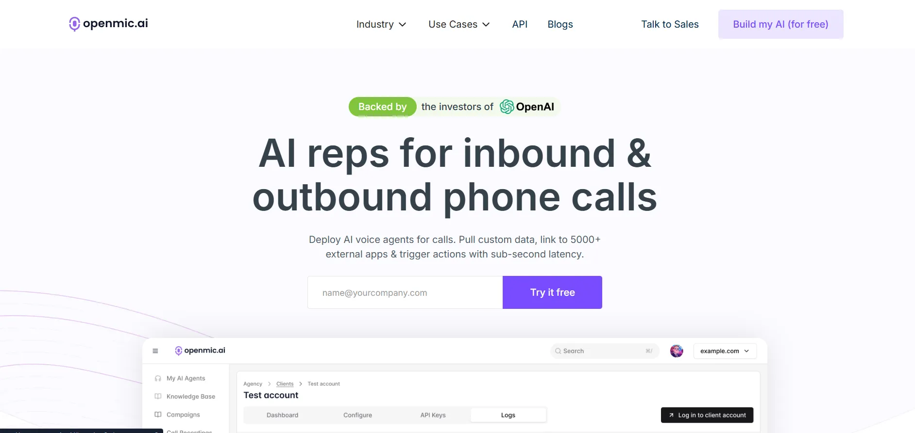 OpenMic.ai platform for AI voice agents in inbound and outbound calls, enabling fast data integration and actions with sub-second latency.