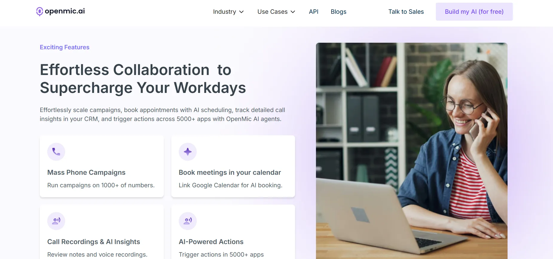 OpenMic.AI platform features for effortless collaboration, including mass phone campaigns, AI-powered call scheduling, real-time CRM integration, and AI insights. The image shows a woman managing tasks while using OpenMic.AI on her laptop, optimizing customer communication and workflows.