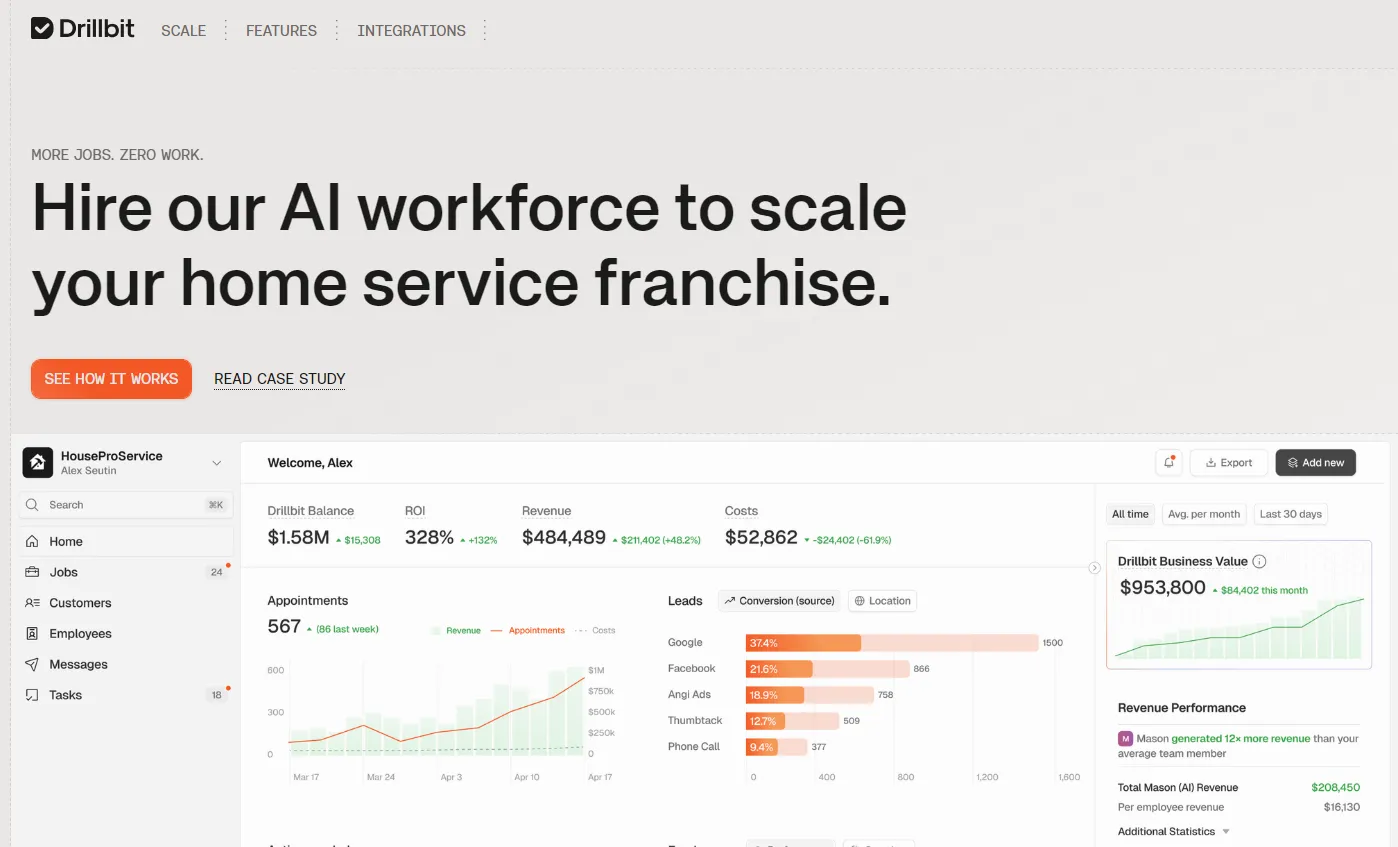 AI dashboard showing ROI, leads, and revenue for home service franchise growth