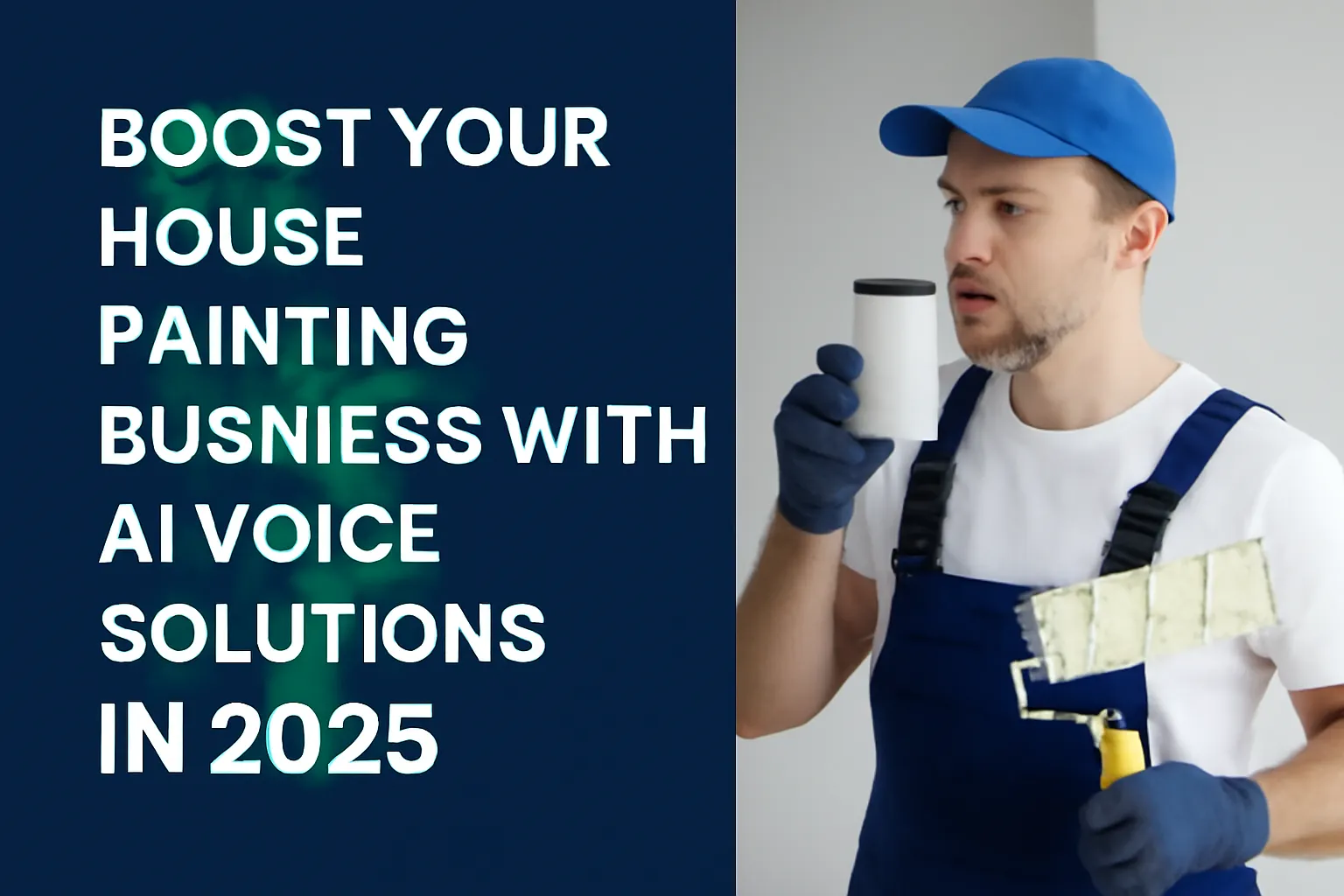 A middle-aged painter with a headset working with an AI-powered voice system to manage customer inquiries and schedule appointments for a house painting business in 2025