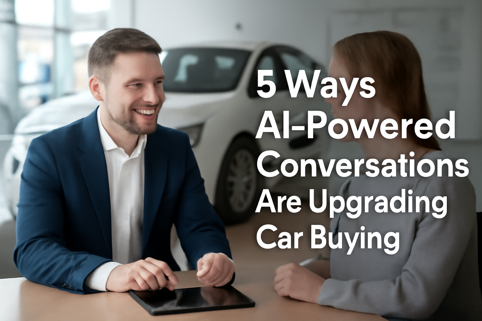 A dealership customer interacting with an AI-powered voice assistant, displayed on a tablet, to explore car options, showcasing the future of car buying with AI.