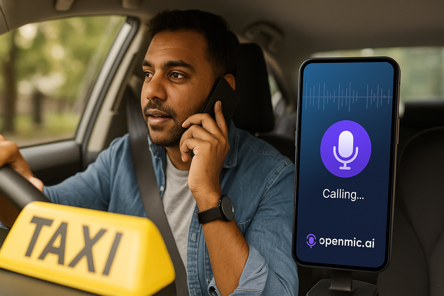 A realistic photo of a professional taxi driver speaking hands-free while driving, with a digital overlay of OpenMic.ai’s voice assistant interface managing ride bookings in the background.