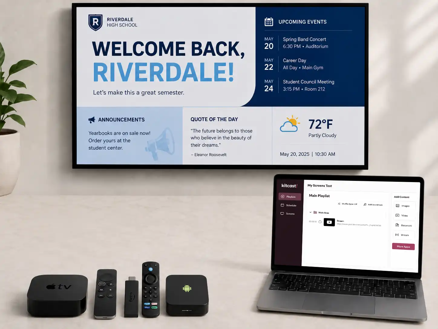 Hardware kit for a digital bulletin board including Apple TV 4K, HDMI cable, wall mount, and Kitcast dashboard