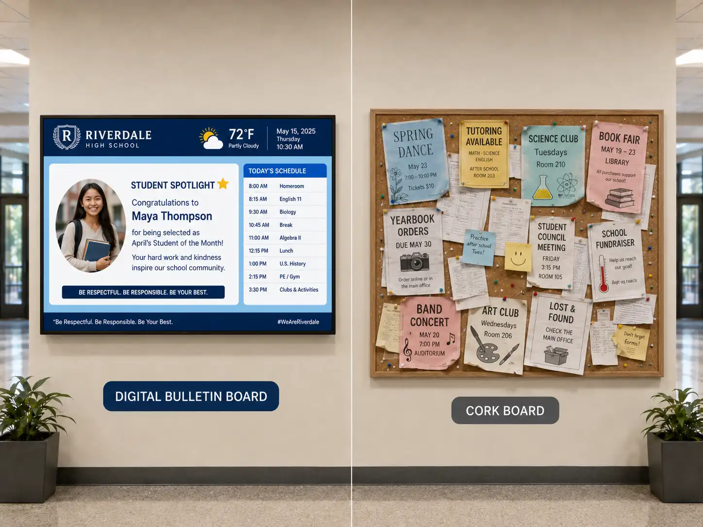 Cork board vs digital bulletin board comparison showing the upgrade in clarity and content control