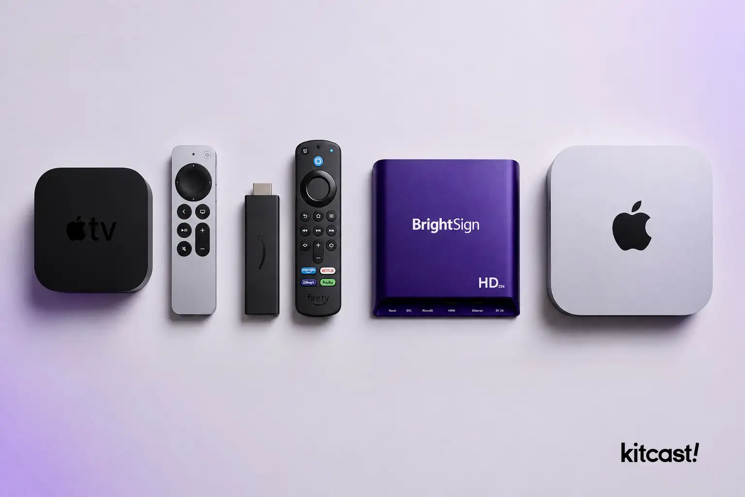Apple TV, Fire TV, BrightSign, and Mac mini compared as digital signage hardware