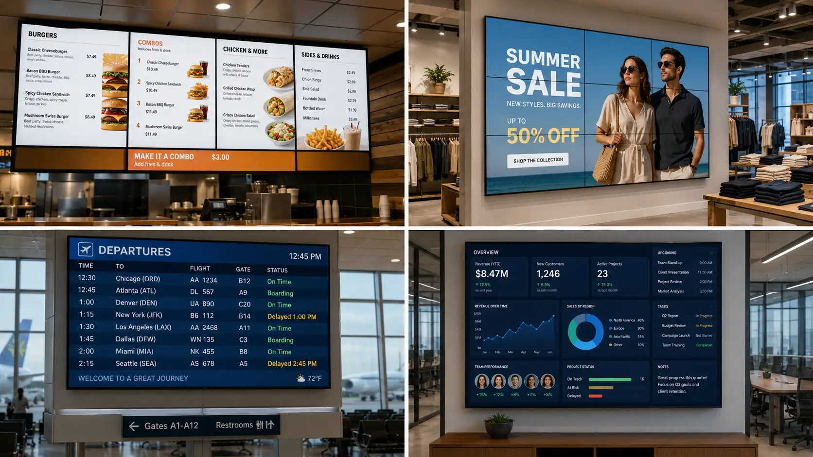 Digital signage examples across retail, restaurant, airport, and office screens