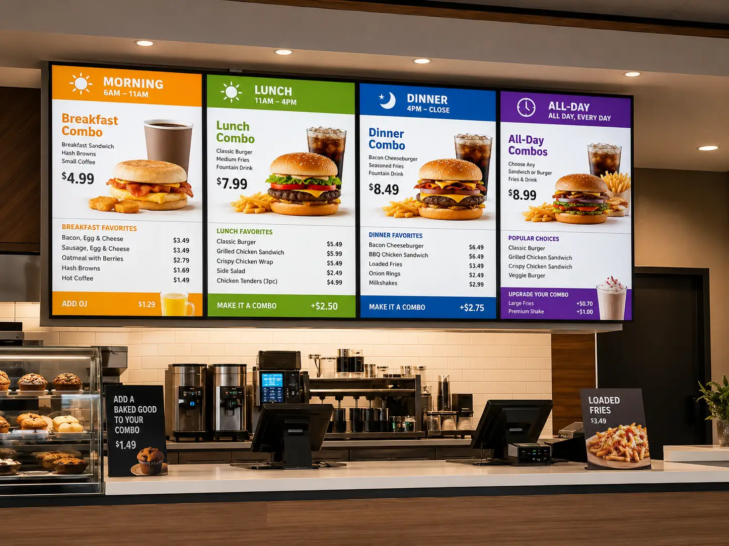 Digital menu board example showing a daypart menu in a quick-service restaurant