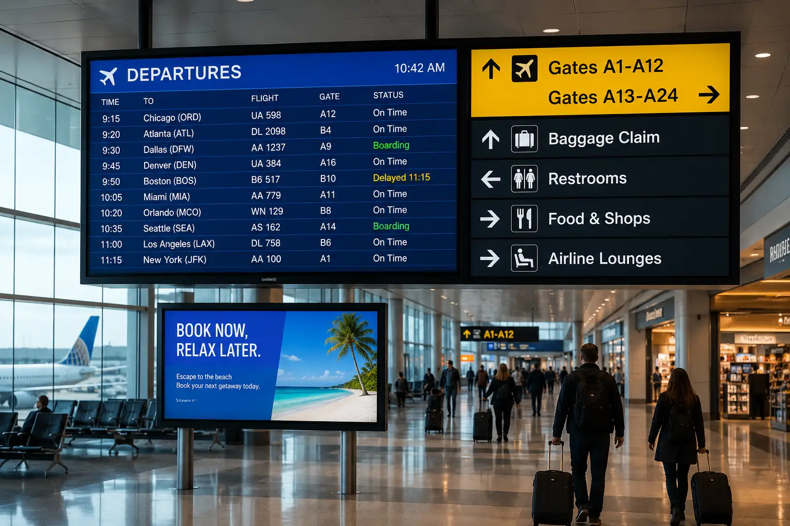 Airport digital signage example showing flight information and passenger wayfinding