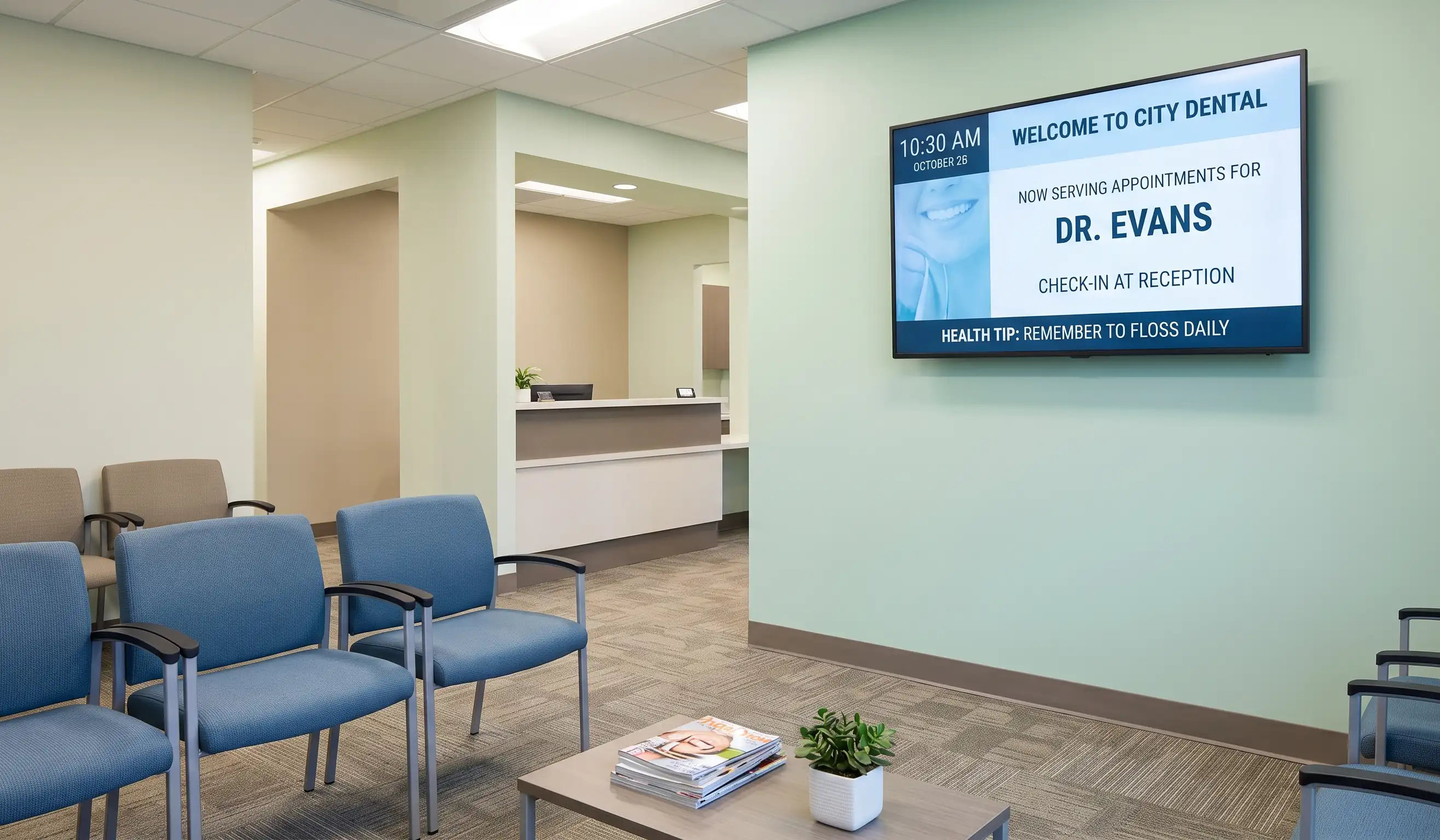 Dental office waiting room digital signage showing now-serving status, time, date, and a floss-daily health tip on a wall-mounted screen
