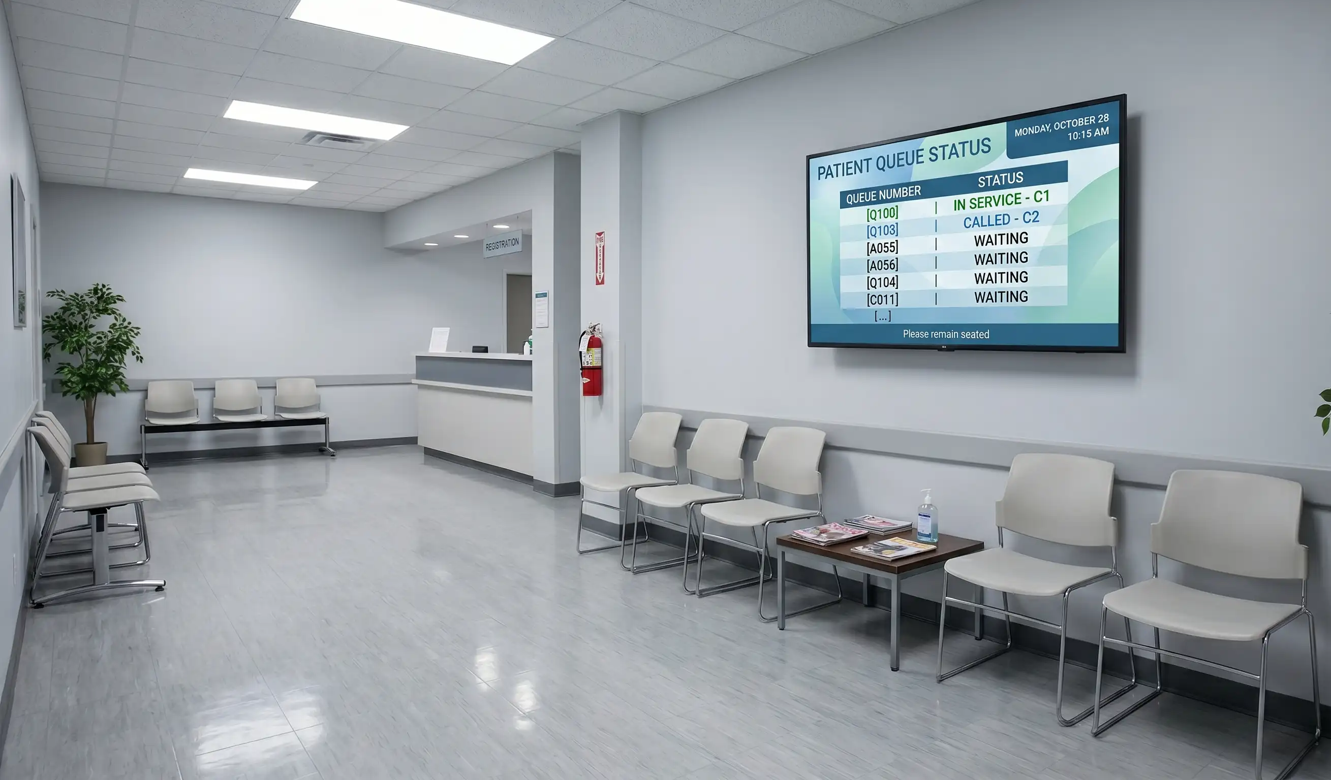 Hospital waiting room digital signage displaying live wait times for urgent care, pharmacy, and registration with a flu-shot announcement