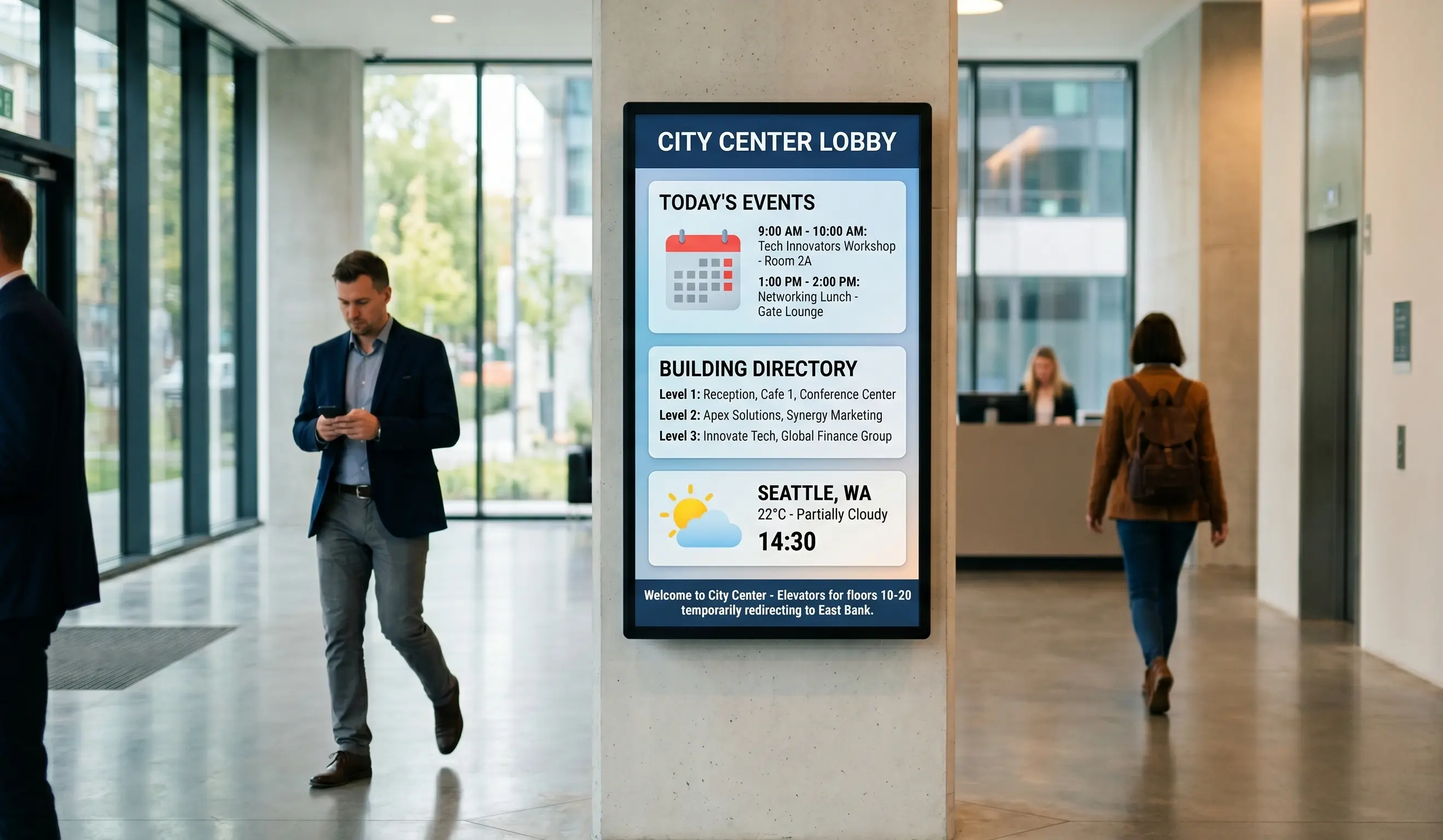 Corporate lobby digital information board showing today's events, building directory, and weather for visitor wayfinding