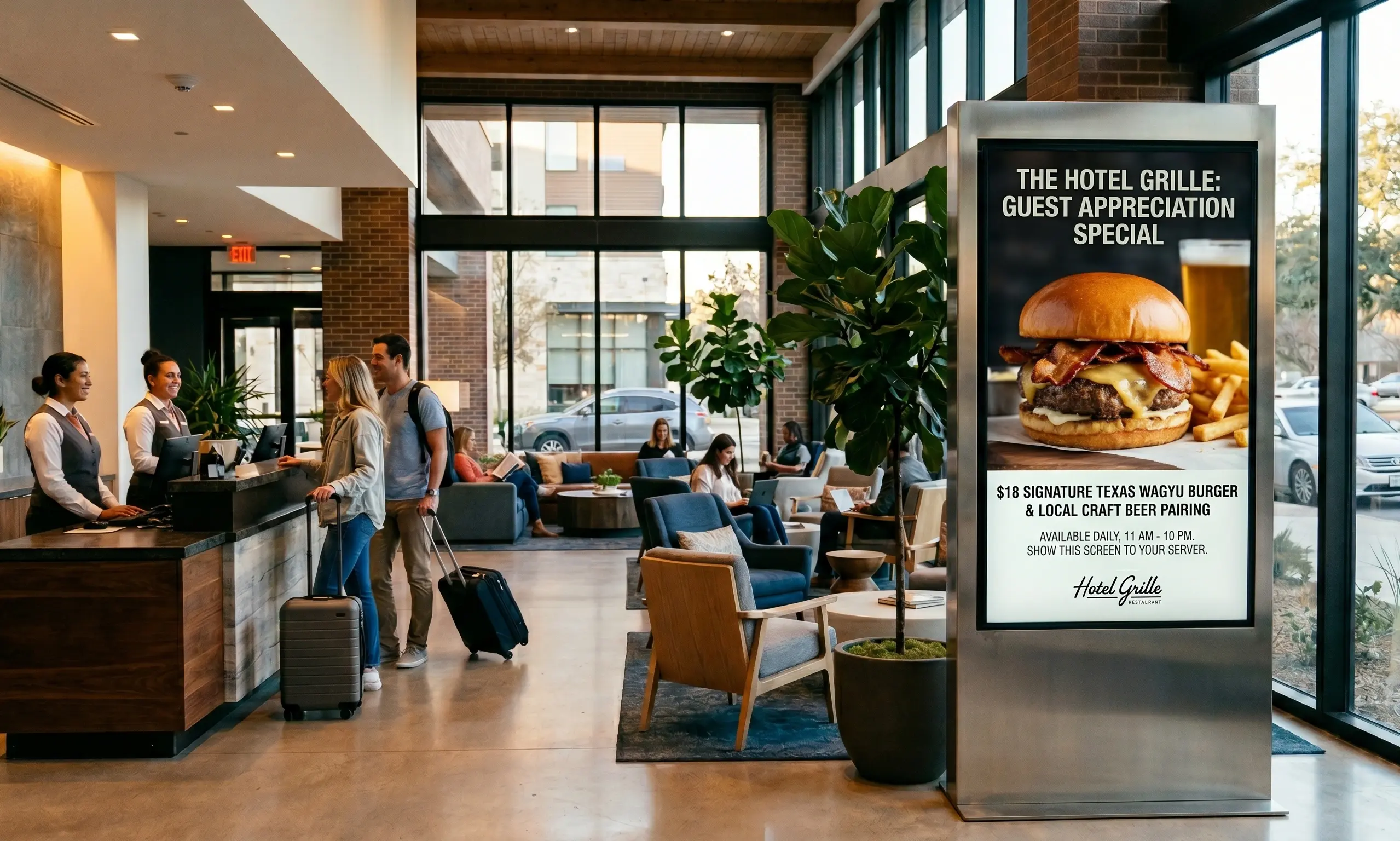 Hotel lobby digital signage brand display promoting a restaurant special while guests check in at reception