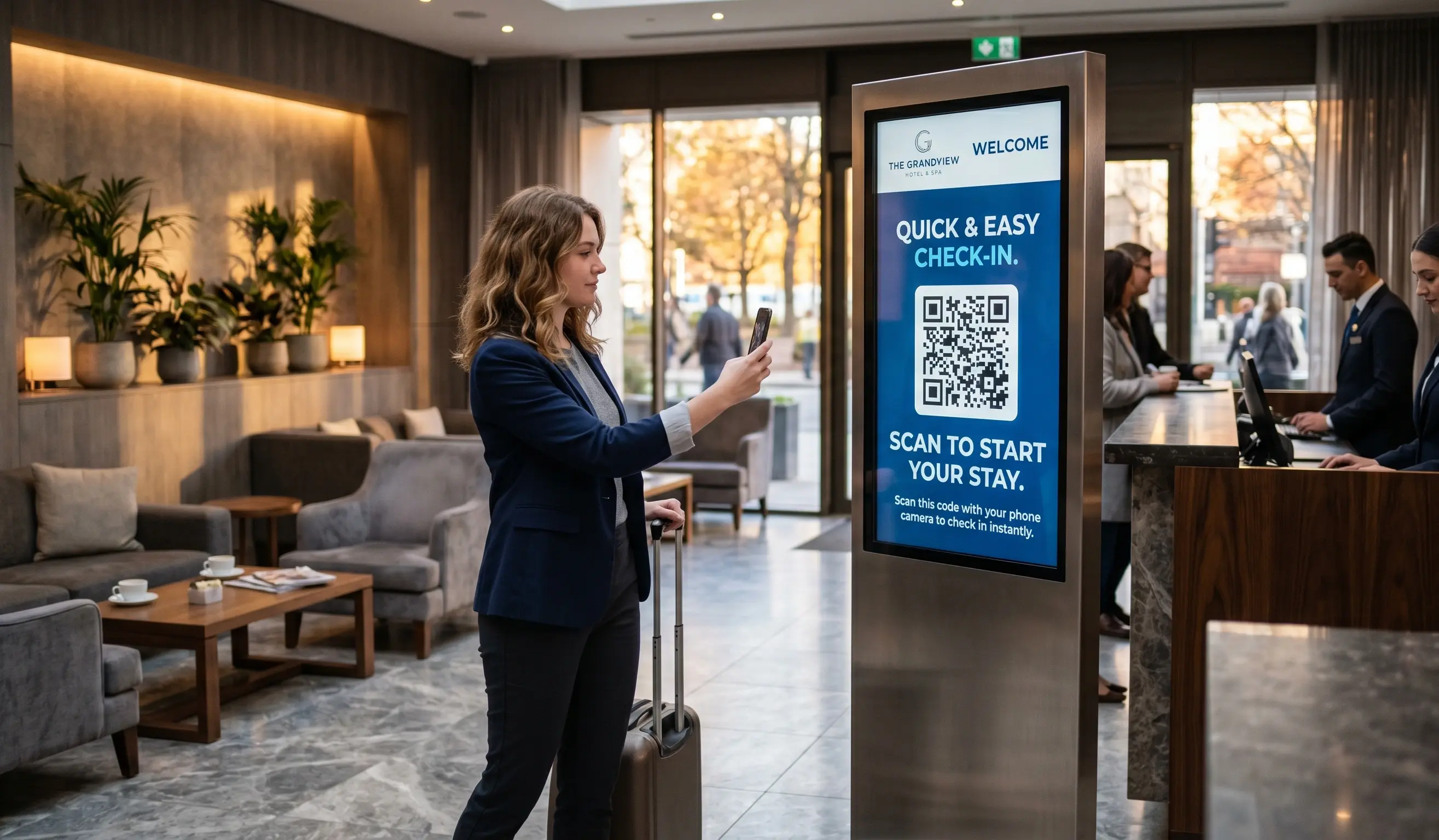 Guest scanning a QR code on a hotel lobby visitor check-in display to start mobile self check-in